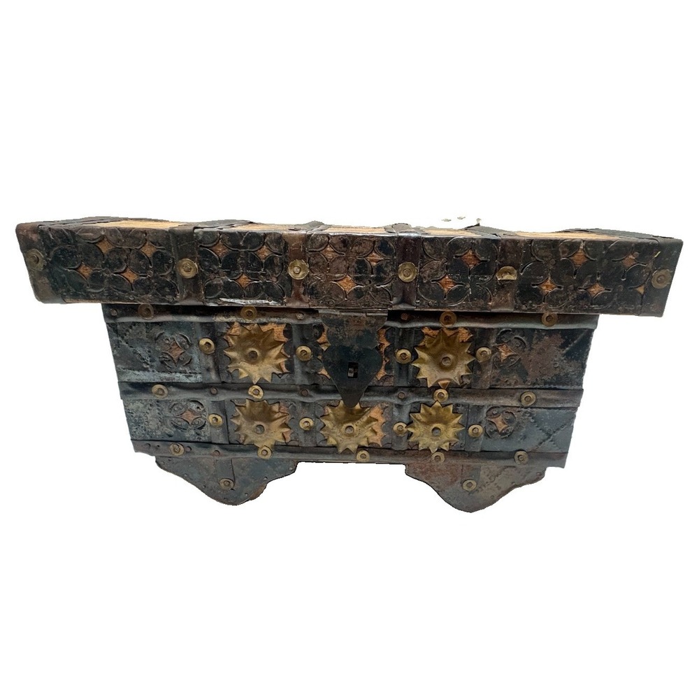 Vintage Indian Pitara Style Brass Starburst Footed Chest Decorative Trunk 13"L